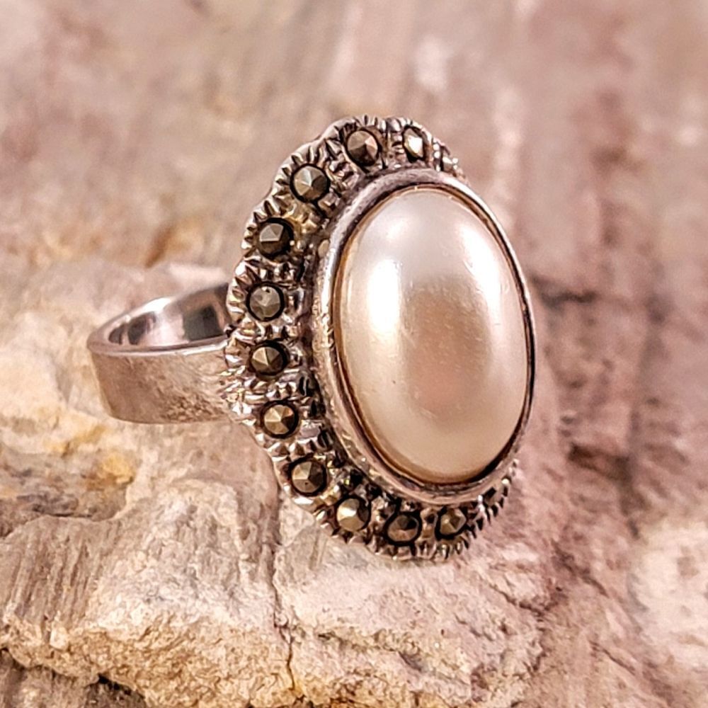 Sterling Oval Faux Pearl Cabochon Marcasite Bezel Ring